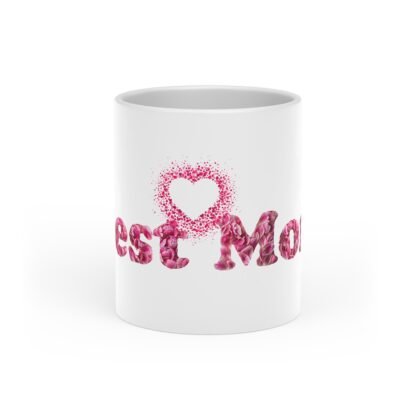 White stylish Heart-Shaped Mug with pink text best mom